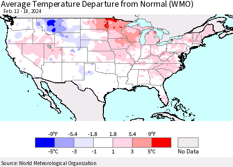 United States Average Temperature Departure from Normal (WMO) Thematic Map For 2/12/2024 - 2/18/2024