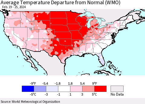 United States Average Temperature Departure from Normal (WMO) Thematic Map For 2/19/2024 - 2/25/2024