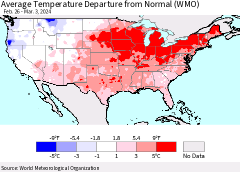 United States Average Temperature Departure from Normal (WMO) Thematic Map For 2/26/2024 - 3/3/2024