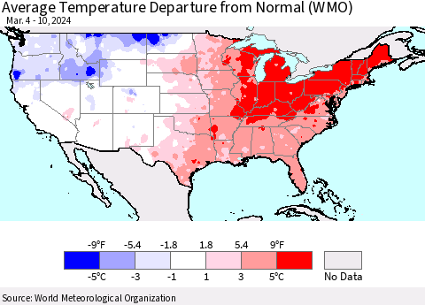 United States Average Temperature Departure from Normal (WMO) Thematic Map For 3/4/2024 - 3/10/2024