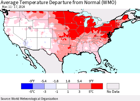 United States Average Temperature Departure from Normal (WMO) Thematic Map For 3/11/2024 - 3/17/2024