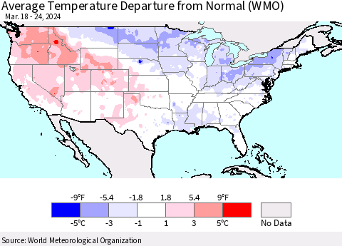 United States Average Temperature Departure from Normal (WMO) Thematic Map For 3/18/2024 - 3/24/2024