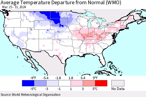 United States Average Temperature Departure from Normal (WMO) Thematic Map For 3/25/2024 - 3/31/2024