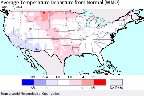 United States Average Temperature Departure from Normal (WMO) Thematic Map For 4/1/2024 - 4/7/2024