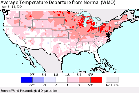 United States Average Temperature Departure from Normal (WMO) Thematic Map For 4/8/2024 - 4/14/2024