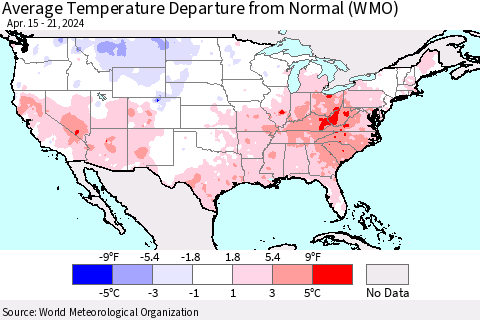United States Average Temperature Departure from Normal (WMO) Thematic Map For 4/15/2024 - 4/21/2024