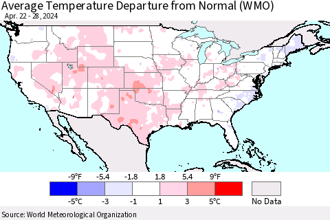 United States Average Temperature Departure from Normal (WMO) Thematic Map For 4/22/2024 - 4/28/2024
