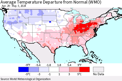 United States Average Temperature Departure from Normal (WMO) Thematic Map For 4/29/2024 - 5/5/2024