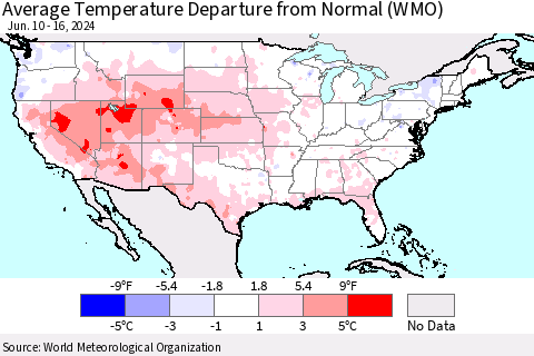 United States Average Temperature Departure from Normal (WMO) Thematic Map For 6/10/2024 - 6/16/2024