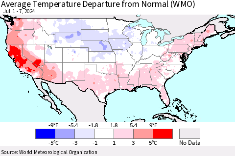 United States Average Temperature Departure from Normal (WMO) Thematic Map For 7/1/2024 - 7/7/2024