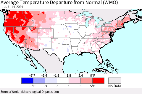 United States Average Temperature Departure from Normal (WMO) Thematic Map For 7/8/2024 - 7/14/2024