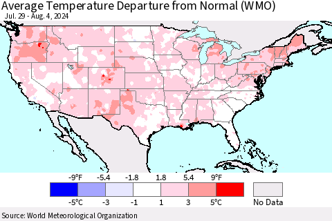 United States Average Temperature Departure from Normal (WMO) Thematic Map For 7/29/2024 - 8/4/2024
