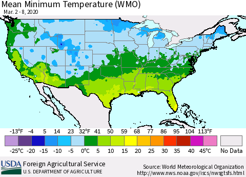 United States Minimum Temperature (WMO) Thematic Map For 3/2/2020 - 3/8/2020