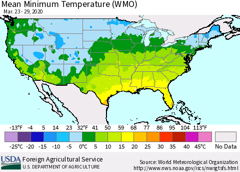 United States Minimum Temperature (WMO) Thematic Map For 3/23/2020 - 3/29/2020