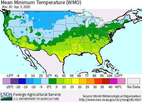 United States Minimum Temperature (WMO) Thematic Map For 3/30/2020 - 4/5/2020