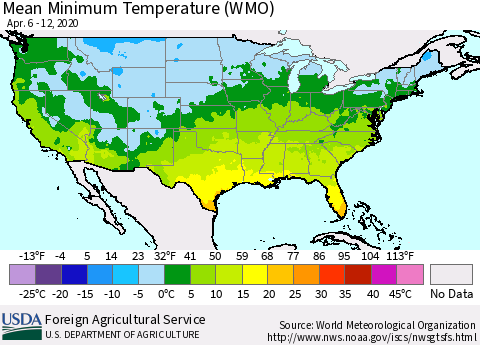 United States Minimum Temperature (WMO) Thematic Map For 4/6/2020 - 4/12/2020