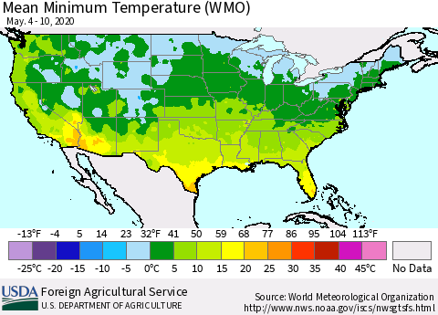 United States Minimum Temperature (WMO) Thematic Map For 5/4/2020 - 5/10/2020
