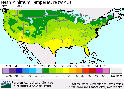 United States Minimum Temperature (WMO) Thematic Map For 5/11/2020 - 5/17/2020