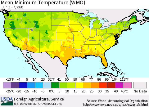 United States Minimum Temperature (WMO) Thematic Map For 6/1/2020 - 6/7/2020