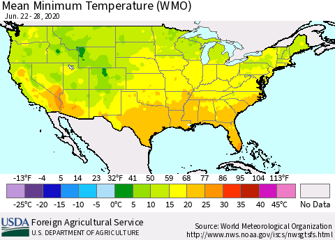 United States Minimum Temperature (WMO) Thematic Map For 6/22/2020 - 6/28/2020