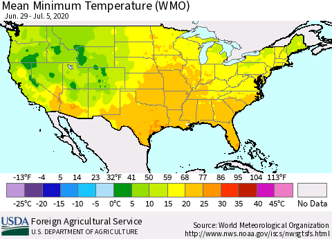 United States Minimum Temperature (WMO) Thematic Map For 6/29/2020 - 7/5/2020