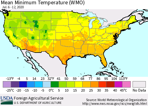United States Minimum Temperature (WMO) Thematic Map For 7/6/2020 - 7/12/2020