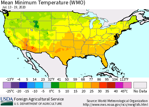 United States Minimum Temperature (WMO) Thematic Map For 7/13/2020 - 7/19/2020