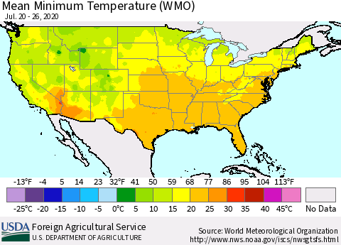 United States Minimum Temperature (WMO) Thematic Map For 7/20/2020 - 7/26/2020