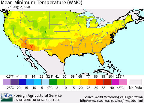 United States Minimum Temperature (WMO) Thematic Map For 7/27/2020 - 8/2/2020