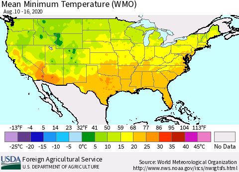 United States Minimum Temperature (WMO) Thematic Map For 8/10/2020 - 8/16/2020