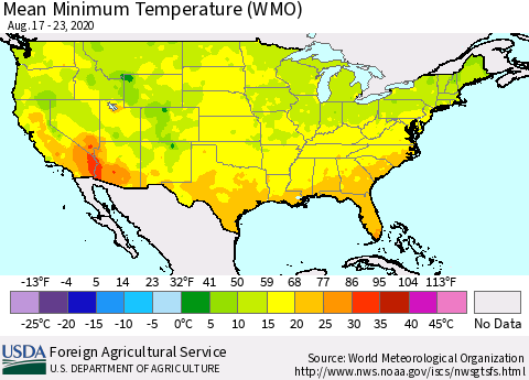 United States Minimum Temperature (WMO) Thematic Map For 8/17/2020 - 8/23/2020
