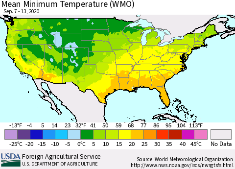 United States Minimum Temperature (WMO) Thematic Map For 9/7/2020 - 9/13/2020