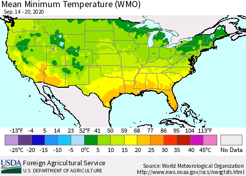United States Minimum Temperature (WMO) Thematic Map For 9/14/2020 - 9/20/2020