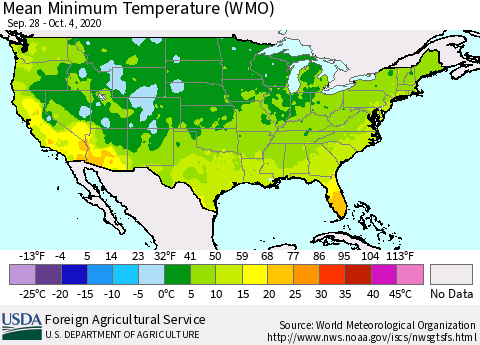 United States Minimum Temperature (WMO) Thematic Map For 9/28/2020 - 10/4/2020