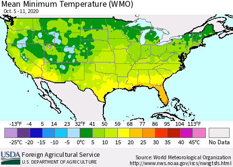 United States Minimum Temperature (WMO) Thematic Map For 10/5/2020 - 10/11/2020