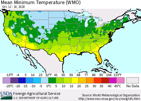 United States Minimum Temperature (WMO) Thematic Map For 10/12/2020 - 10/18/2020