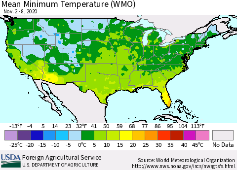 United States Minimum Temperature (WMO) Thematic Map For 11/2/2020 - 11/8/2020