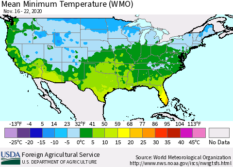 United States Minimum Temperature (WMO) Thematic Map For 11/16/2020 - 11/22/2020