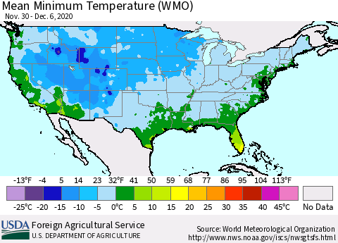 United States Minimum Temperature (WMO) Thematic Map For 11/30/2020 - 12/6/2020