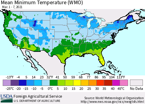 United States Minimum Temperature (WMO) Thematic Map For 3/1/2021 - 3/7/2021