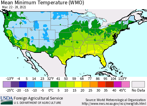 United States Minimum Temperature (WMO) Thematic Map For 3/22/2021 - 3/28/2021