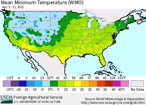 United States Minimum Temperature (WMO) Thematic Map For 4/5/2021 - 4/11/2021
