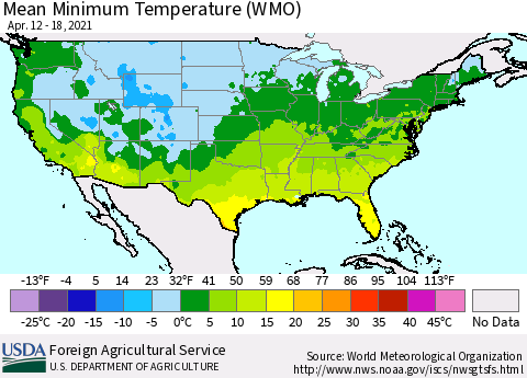 United States Minimum Temperature (WMO) Thematic Map For 4/12/2021 - 4/18/2021