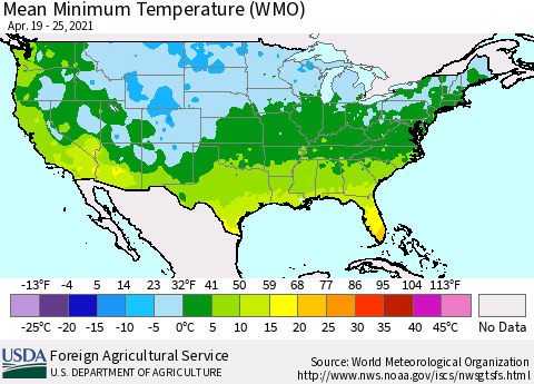 United States Minimum Temperature (WMO) Thematic Map For 4/19/2021 - 4/25/2021