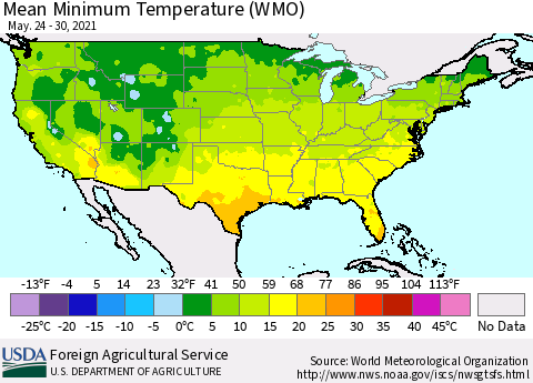 United States Minimum Temperature (WMO) Thematic Map For 5/24/2021 - 5/30/2021