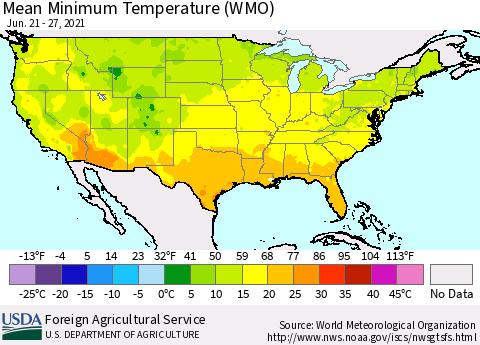 United States Minimum Temperature (WMO) Thematic Map For 6/21/2021 - 6/27/2021