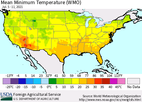 United States Minimum Temperature (WMO) Thematic Map For 7/5/2021 - 7/11/2021
