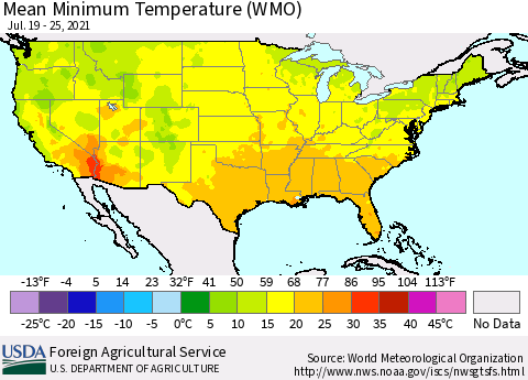 United States Minimum Temperature (WMO) Thematic Map For 7/19/2021 - 7/25/2021