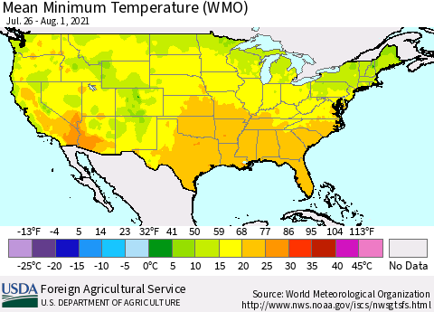 United States Minimum Temperature (WMO) Thematic Map For 7/26/2021 - 8/1/2021