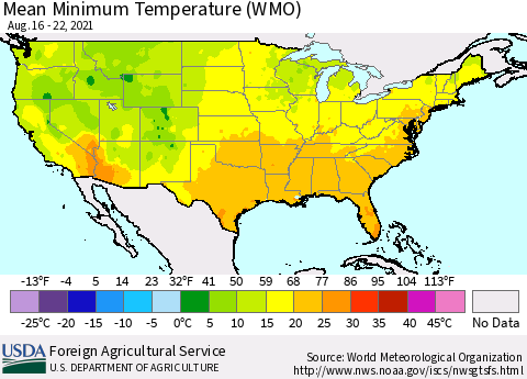 United States Minimum Temperature (WMO) Thematic Map For 8/16/2021 - 8/22/2021